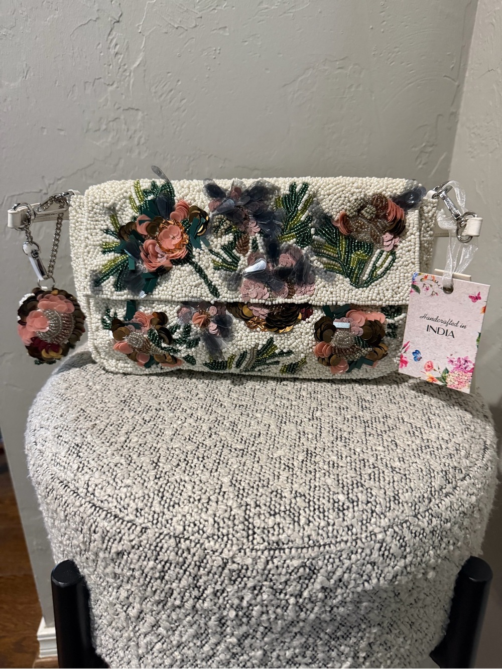 Handcrafted Floral Beaded Crossbody Bag - Ivory with Pink & Green Embroidery
